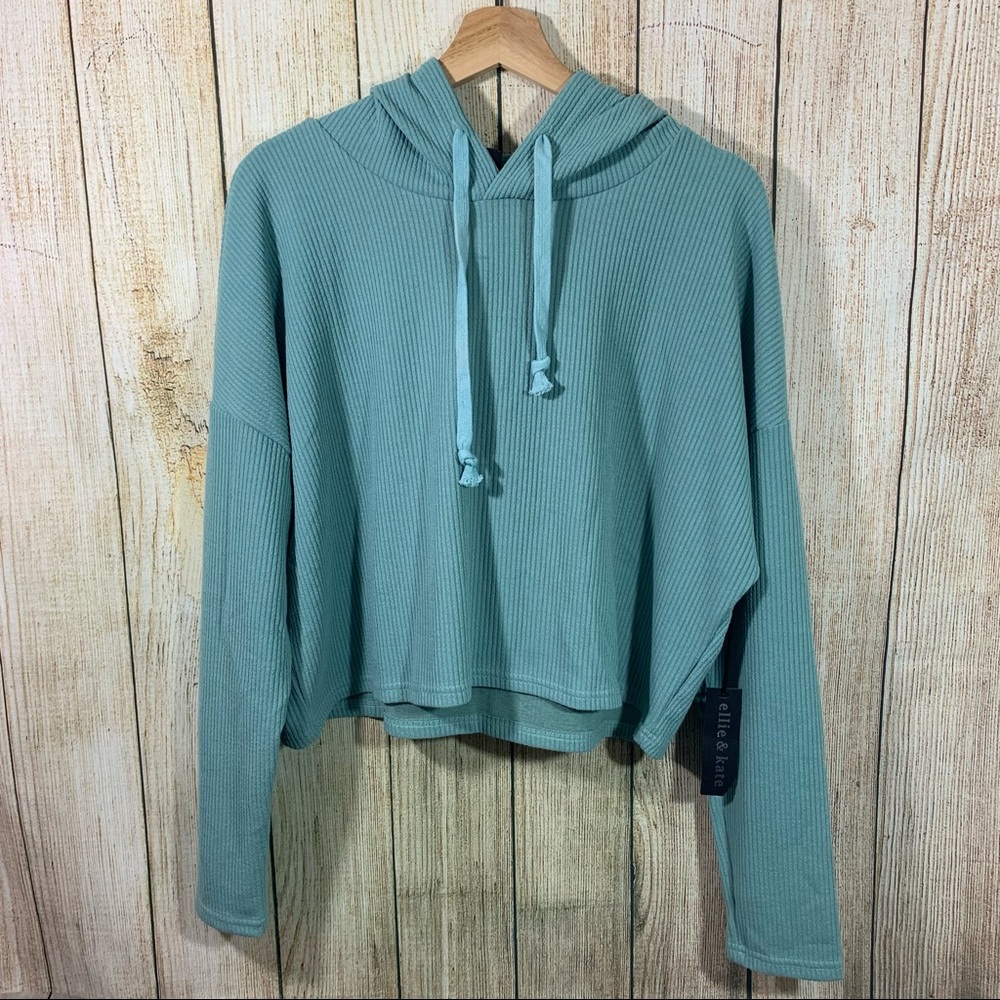 NWT Ellie & Kate Long Sleeve Ribbed Drawstring Hoodie Cropped Shirt Sz Large